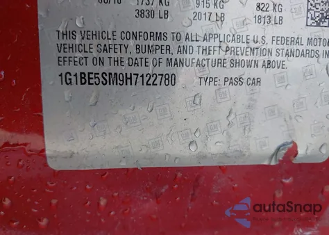 2017 Chevrolet Cruze Lt Auto z USA, uszkodzony, nr VIN 1G1BE5SM9H7122780